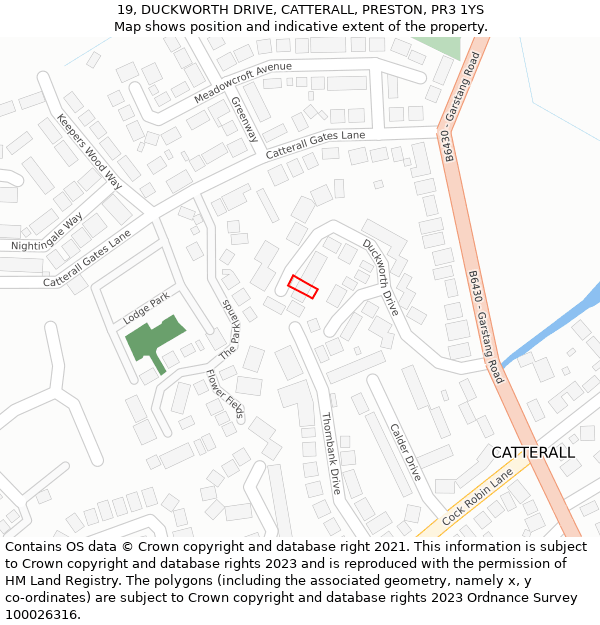 19, DUCKWORTH DRIVE, CATTERALL, PRESTON, PR3 1YS: Location map and indicative extent of plot