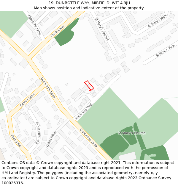 19, DUNBOTTLE WAY, MIRFIELD, WF14 9JU: Location map and indicative extent of plot