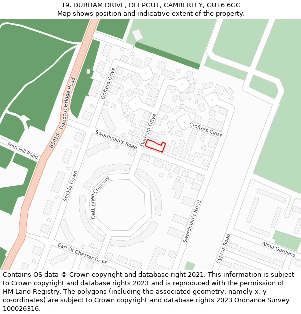 19, DURHAM DRIVE, DEEPCUT, CAMBERLEY, GU16 6GG: Location map and indicative extent of plot