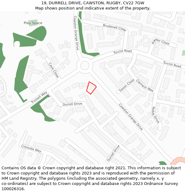 19, DURRELL DRIVE, CAWSTON, RUGBY, CV22 7GW: Location map and indicative extent of plot