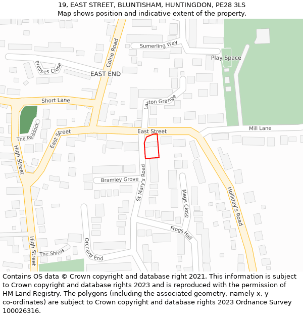 19, EAST STREET, BLUNTISHAM, HUNTINGDON, PE28 3LS: Location map and indicative extent of plot