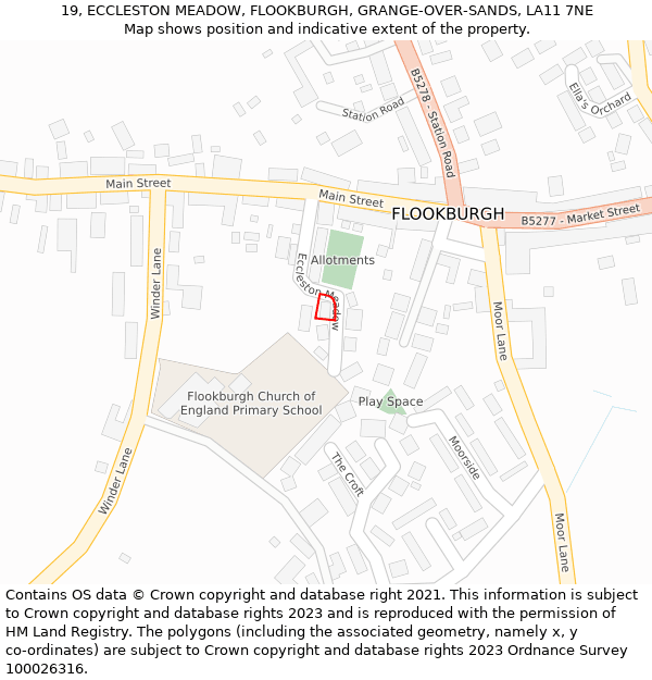 19, ECCLESTON MEADOW, FLOOKBURGH, GRANGE-OVER-SANDS, LA11 7NE: Location map and indicative extent of plot