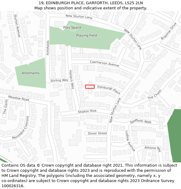 19, EDINBURGH PLACE, GARFORTH, LEEDS, LS25 2LN: Location map and indicative extent of plot
