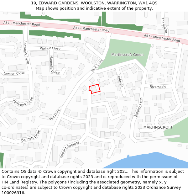 19, EDWARD GARDENS, WOOLSTON, WARRINGTON, WA1 4QS: Location map and indicative extent of plot