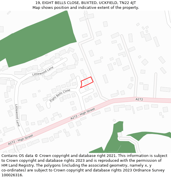 19, EIGHT BELLS CLOSE, BUXTED, UCKFIELD, TN22 4JT: Location map and indicative extent of plot