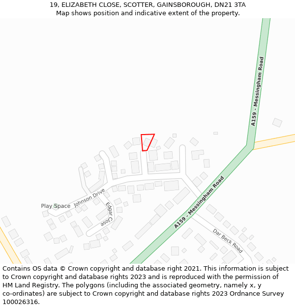 19, ELIZABETH CLOSE, SCOTTER, GAINSBOROUGH, DN21 3TA: Location map and indicative extent of plot