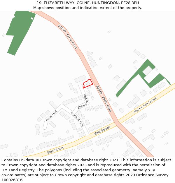 19, ELIZABETH WAY, COLNE, HUNTINGDON, PE28 3PH: Location map and indicative extent of plot