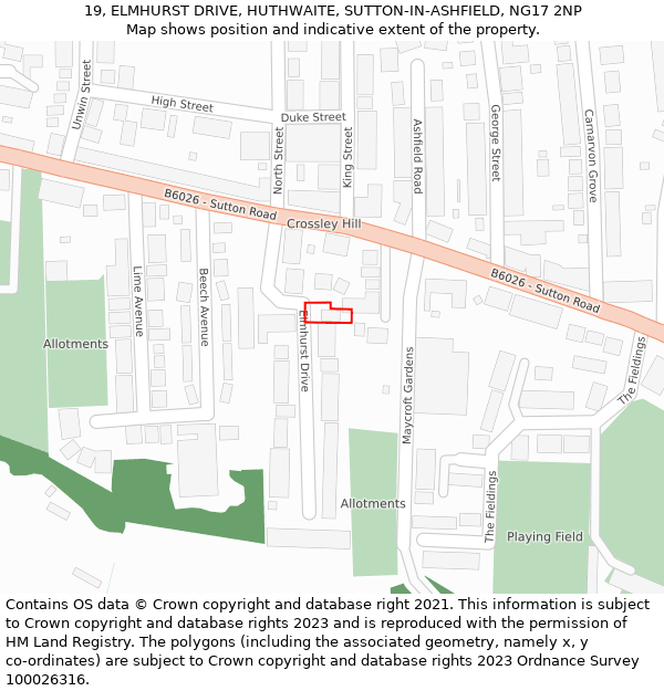 19, ELMHURST DRIVE, HUTHWAITE, SUTTON-IN-ASHFIELD, NG17 2NP: Location map and indicative extent of plot