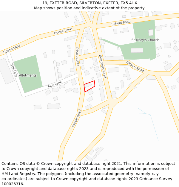 19, EXETER ROAD, SILVERTON, EXETER, EX5 4HX: Location map and indicative extent of plot