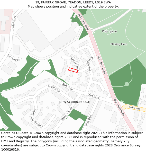 19, FAIRFAX GROVE, YEADON, LEEDS, LS19 7WA: Location map and indicative extent of plot