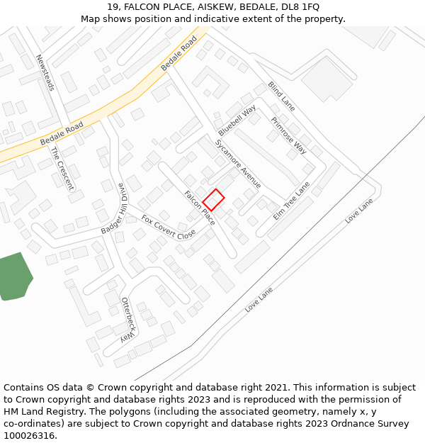 19, FALCON PLACE, AISKEW, BEDALE, DL8 1FQ: Location map and indicative extent of plot