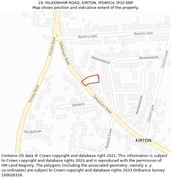 19, FALKENHAM ROAD, KIRTON, IPSWICH, IP10 0NP: Location map and indicative extent of plot