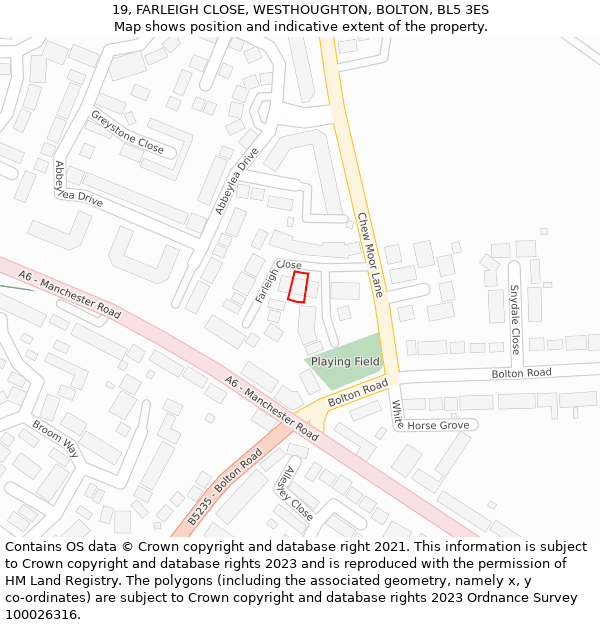 19, FARLEIGH CLOSE, WESTHOUGHTON, BOLTON, BL5 3ES: Location map and indicative extent of plot