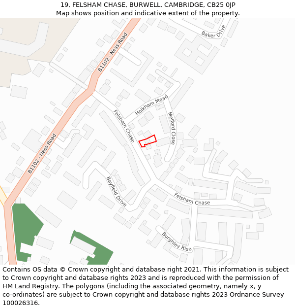 19, FELSHAM CHASE, BURWELL, CAMBRIDGE, CB25 0JP: Location map and indicative extent of plot