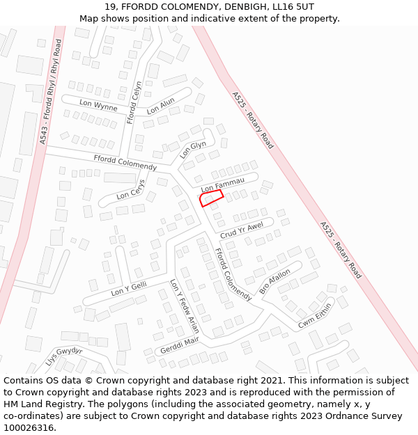 19, FFORDD COLOMENDY, DENBIGH, LL16 5UT: Location map and indicative extent of plot