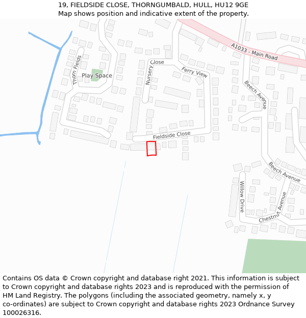 19, FIELDSIDE CLOSE, THORNGUMBALD, HULL, HU12 9GE: Location map and indicative extent of plot