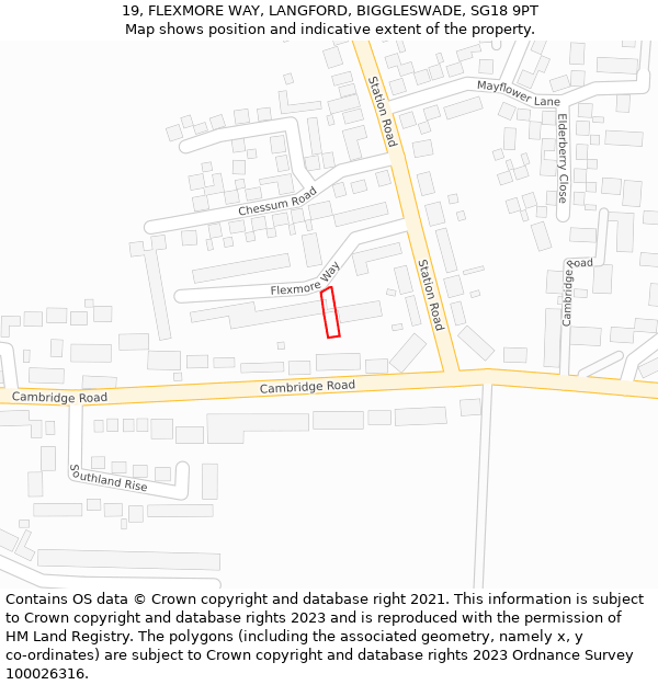 19, FLEXMORE WAY, LANGFORD, BIGGLESWADE, SG18 9PT: Location map and indicative extent of plot