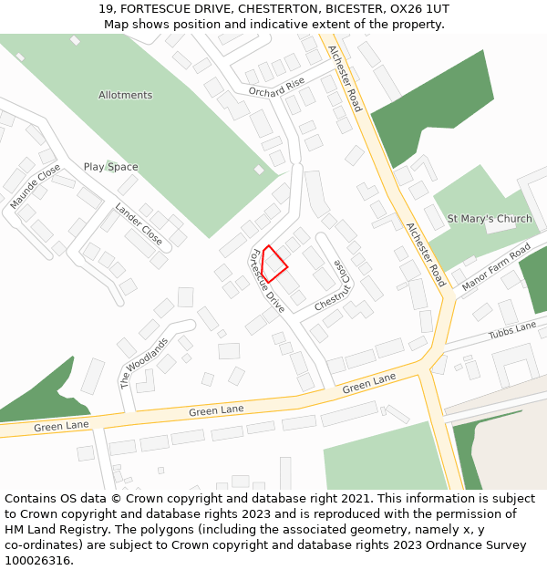 19, FORTESCUE DRIVE, CHESTERTON, BICESTER, OX26 1UT: Location map and indicative extent of plot