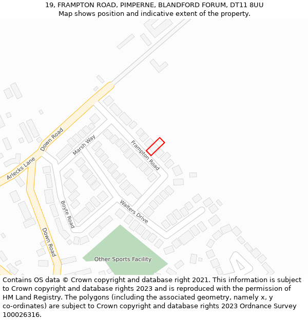 19, FRAMPTON ROAD, PIMPERNE, BLANDFORD FORUM, DT11 8UU: Location map and indicative extent of plot