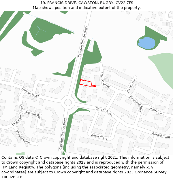 19, FRANCIS DRIVE, CAWSTON, RUGBY, CV22 7FS: Location map and indicative extent of plot