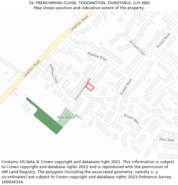 19, FRENCHMANS CLOSE, TODDINGTON, DUNSTABLE, LU5 6BD: Location map and indicative extent of plot