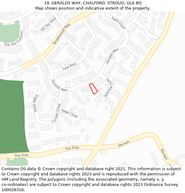 19, GERALDS WAY, CHALFORD, STROUD, GL6 8FJ: Location map and indicative extent of plot