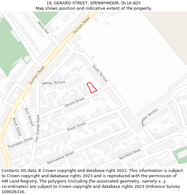 19, GERARD STREET, SPENNYMOOR, DL16 6DY: Location map and indicative extent of plot