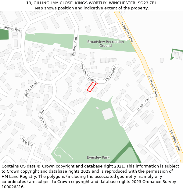 19, GILLINGHAM CLOSE, KINGS WORTHY, WINCHESTER, SO23 7RL: Location map and indicative extent of plot