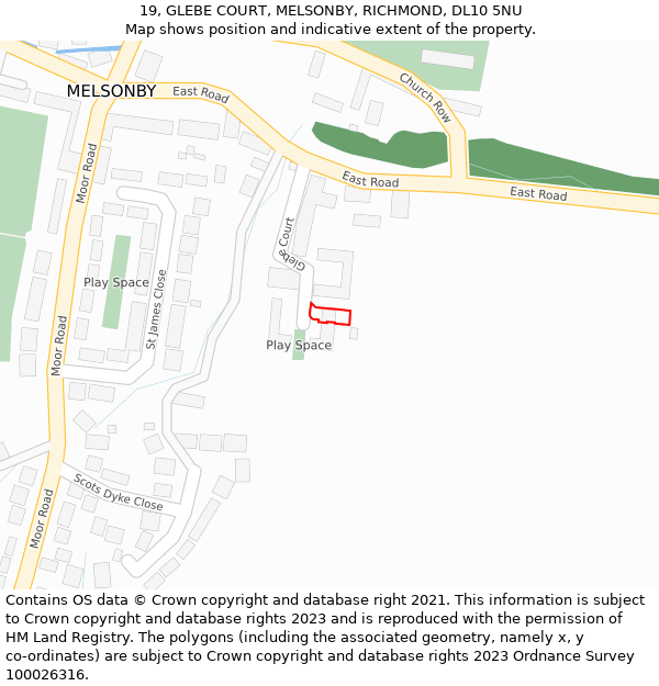 19, GLEBE COURT, MELSONBY, RICHMOND, DL10 5NU: Location map and indicative extent of plot