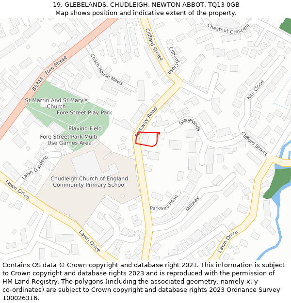 19, GLEBELANDS, CHUDLEIGH, NEWTON ABBOT, TQ13 0GB: Location map and indicative extent of plot