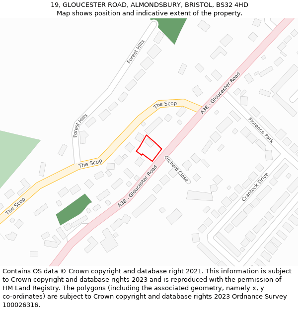 19, GLOUCESTER ROAD, ALMONDSBURY, BRISTOL, BS32 4HD: Location map and indicative extent of plot