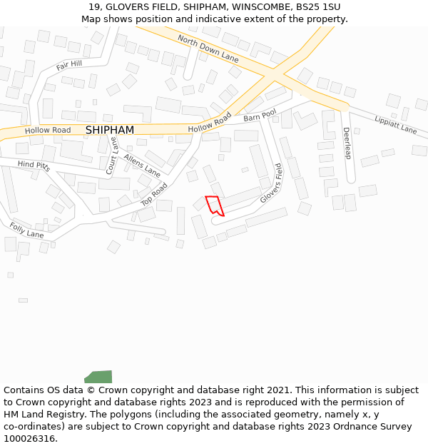 19, GLOVERS FIELD, SHIPHAM, WINSCOMBE, BS25 1SU: Location map and indicative extent of plot