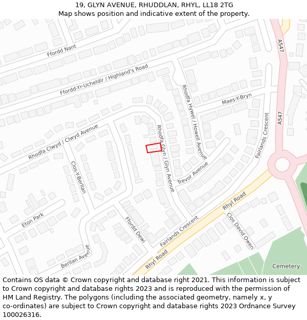 19, GLYN AVENUE, RHUDDLAN, RHYL, LL18 2TG: Location map and indicative extent of plot