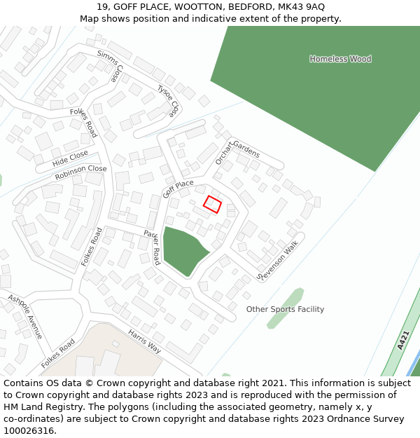 19, GOFF PLACE, WOOTTON, BEDFORD, MK43 9AQ: Location map and indicative extent of plot