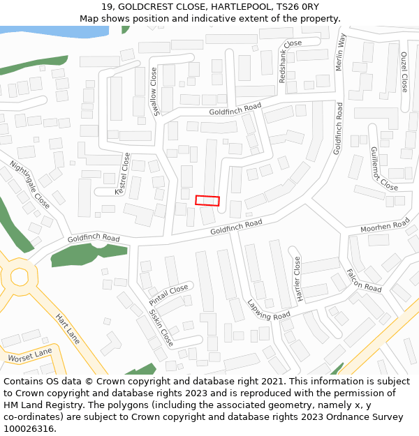 19, GOLDCREST CLOSE, HARTLEPOOL, TS26 0RY: Location map and indicative extent of plot