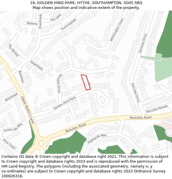 19, GOLDEN HIND PARK, HYTHE, SOUTHAMPTON, SO45 5BQ: Location map and indicative extent of plot