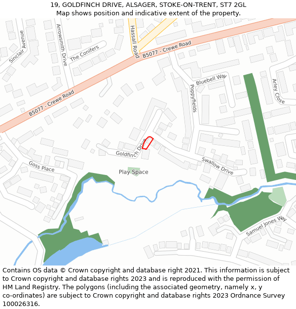 19, GOLDFINCH DRIVE, ALSAGER, STOKE-ON-TRENT, ST7 2GL: Location map and indicative extent of plot