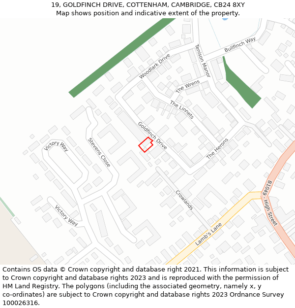 19, GOLDFINCH DRIVE, COTTENHAM, CAMBRIDGE, CB24 8XY: Location map and indicative extent of plot