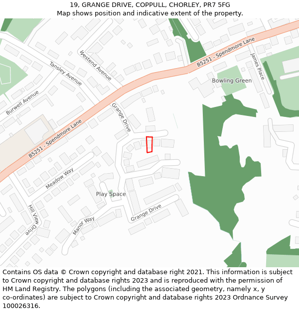 19, GRANGE DRIVE, COPPULL, CHORLEY, PR7 5FG: Location map and indicative extent of plot