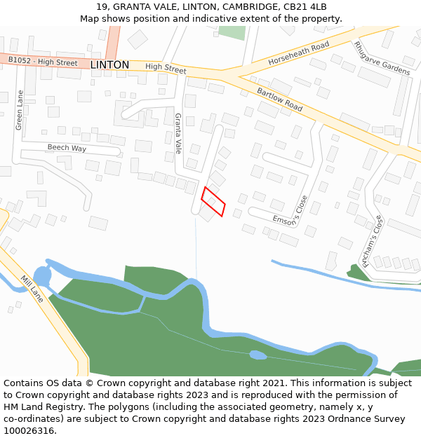 19, GRANTA VALE, LINTON, CAMBRIDGE, CB21 4LB: Location map and indicative extent of plot