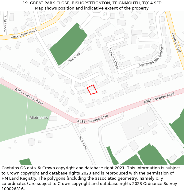 19, GREAT PARK CLOSE, BISHOPSTEIGNTON, TEIGNMOUTH, TQ14 9FD: Location map and indicative extent of plot