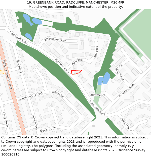 19, GREENBANK ROAD, RADCLIFFE, MANCHESTER, M26 4FR: Location map and indicative extent of plot