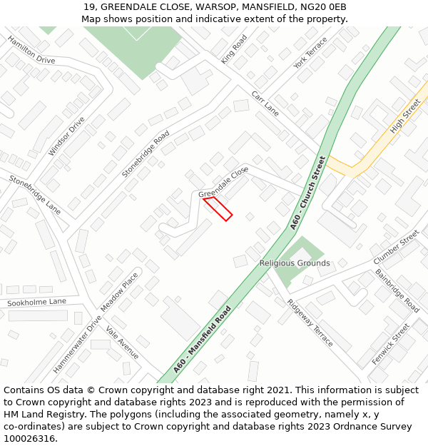 19, GREENDALE CLOSE, WARSOP, MANSFIELD, NG20 0EB: Location map and indicative extent of plot