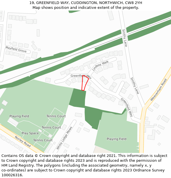 19, GREENFIELD WAY, CUDDINGTON, NORTHWICH, CW8 2YH: Location map and indicative extent of plot