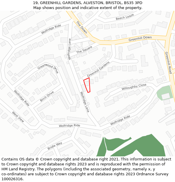 19, GREENHILL GARDENS, ALVESTON, BRISTOL, BS35 3PD: Location map and indicative extent of plot
