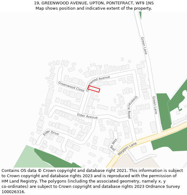 19, GREENWOOD AVENUE, UPTON, PONTEFRACT, WF9 1NS: Location map and indicative extent of plot