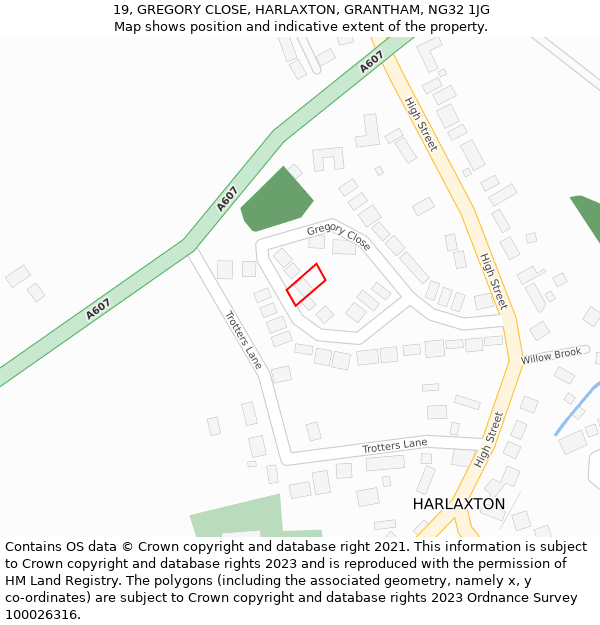 19, GREGORY CLOSE, HARLAXTON, GRANTHAM, NG32 1JG: Location map and indicative extent of plot