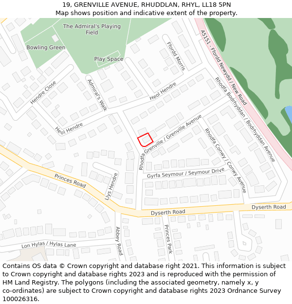 19, GRENVILLE AVENUE, RHUDDLAN, RHYL, LL18 5PN: Location map and indicative extent of plot