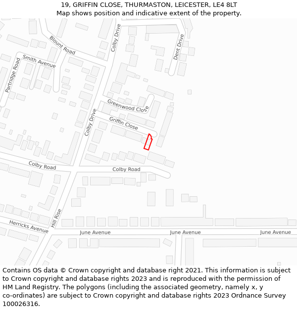 19, GRIFFIN CLOSE, THURMASTON, LEICESTER, LE4 8LT: Location map and indicative extent of plot