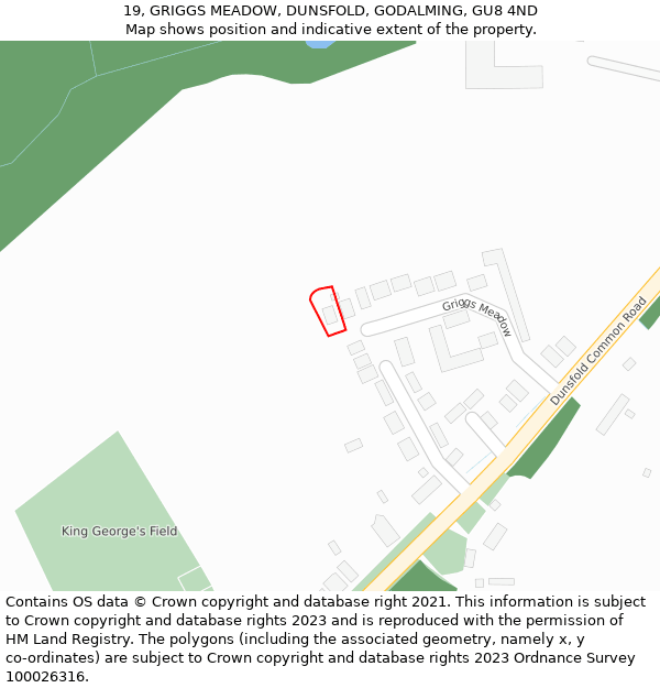 19, GRIGGS MEADOW, DUNSFOLD, GODALMING, GU8 4ND: Location map and indicative extent of plot